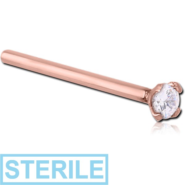 STERILE 18K ROSE GOLD 3MM PRONG SET JEWELLED STRAIGHT LARGE NOSE STUD