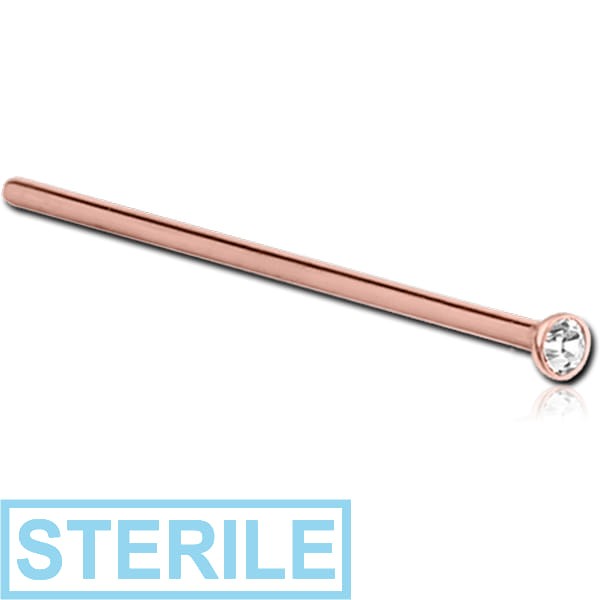 STERILE 18K ROSE GOLD 1.5MM CZ BEZEL SET PREMIUM CRYSTAL JEWELLED STRAIGHT LARGE NOSE STUD