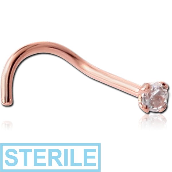 STERILE 18K ROSE GOLD 2MM PRONG SET JEWELLED CURVED NOSE STUD