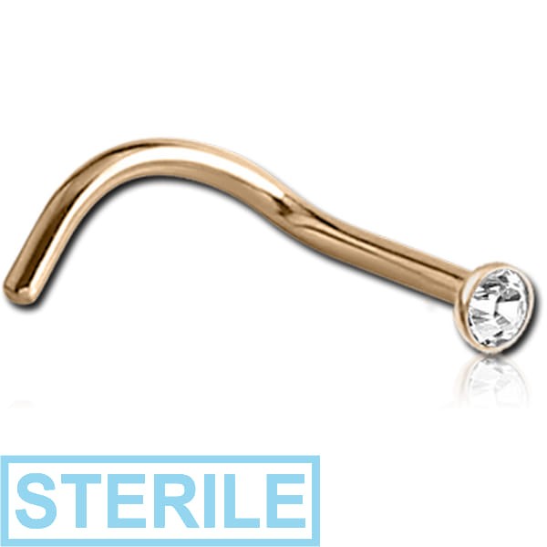 STERILE 24K GOLD BEZEL SET PREMIUM CRYSTAL JEWELLED CURVED NOSE STUD