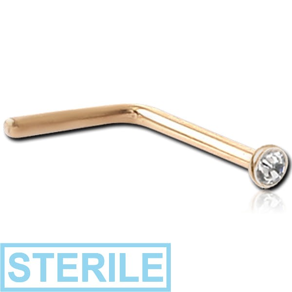 STERILE 9K GOLD 90 DEGREE BEZEL SET PREMIUM CRYSTAL JEWELLED NOSE STUD