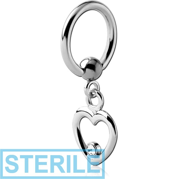 STERILE SURGICAL STEEL BALL CLOSURE RING WITH JEWELLED HEART CHARM