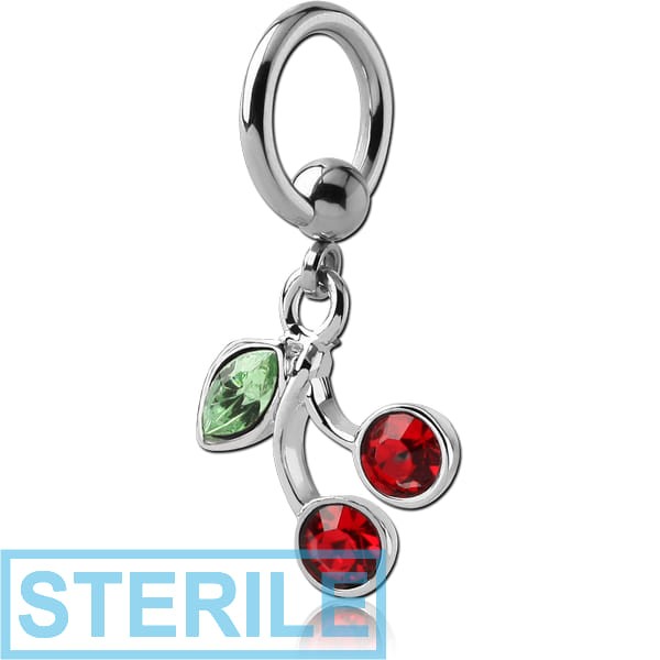 STERILE SURGICAL STEEL BALL CLOSURE RING WITH JEWELLED CHERRIES CHARM