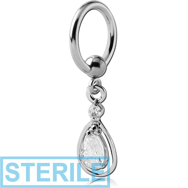 STERILE SURGICAL STEEL BALL CLOSURE RING WITH PRONG SET TEAR DROP CHARM