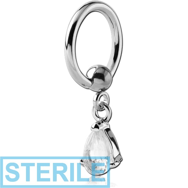 STERILE SURGICAL STEEL BALL CLOSURE RING WITH PRONG SET TEAR DROP CHARM
