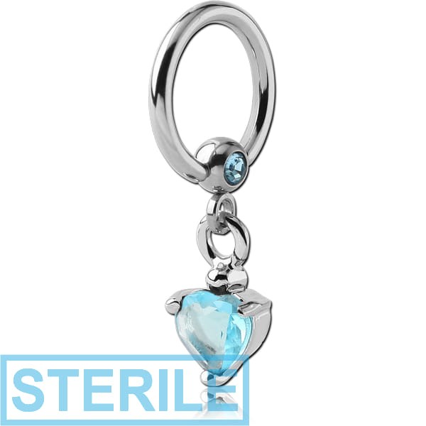 STERILE SURGICAL STEEL JEWELLED BALL CLOSURE RING WITH PRONG SET HEART CHARM