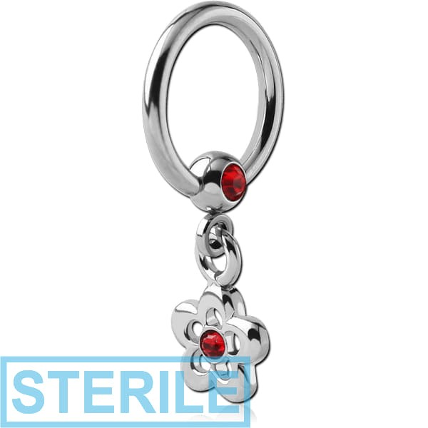 STERILE SURGICAL STEEL JEWELLED BALL CLOSURE RING WITH JEWELLED FLOWER CHARM