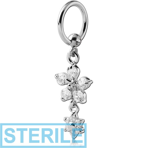 STERILE SURGICAL STEEL JEWELLED BALL CLOSURE RING WITH JEWELLED FLOWERS CHARM