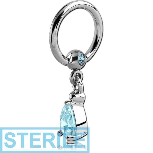 STERILE SURGICAL STEEL JEWELLED BALL CLOSURE RING WITH PRONG SET TEAR DROP CHARM