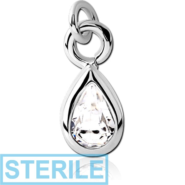 STERILE RHODIUM PLATED BRASS TEAR DROP JEWELLED CHARM