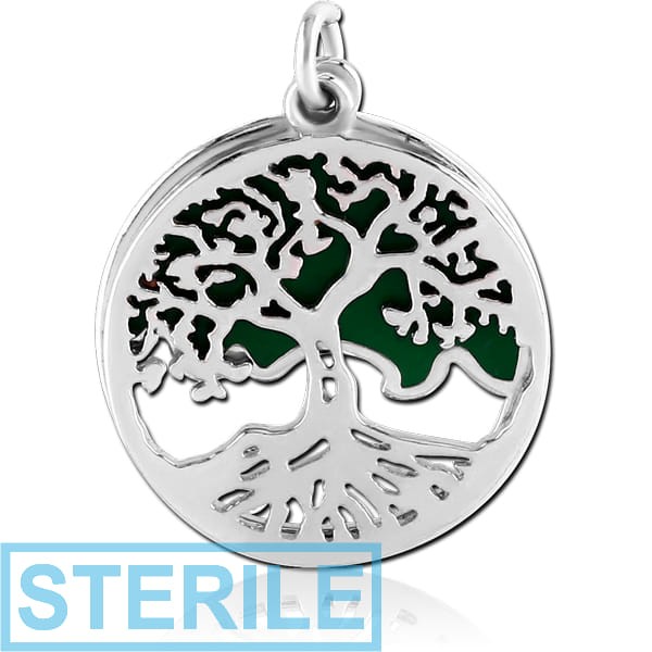 STERILE RHODIUM PLATED BRASS CHARM WITH ENAMEL - TREE DISK WITH GREEN BACKGROUND