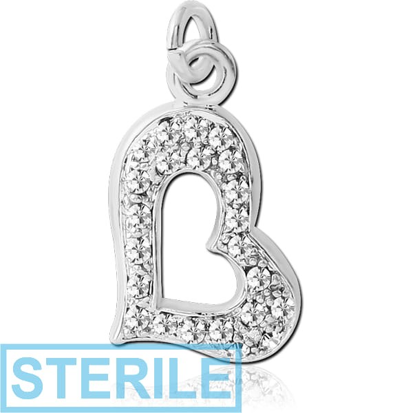 STERILE RHODIUM PLATED BRASS JEWELLED HEART CHARM