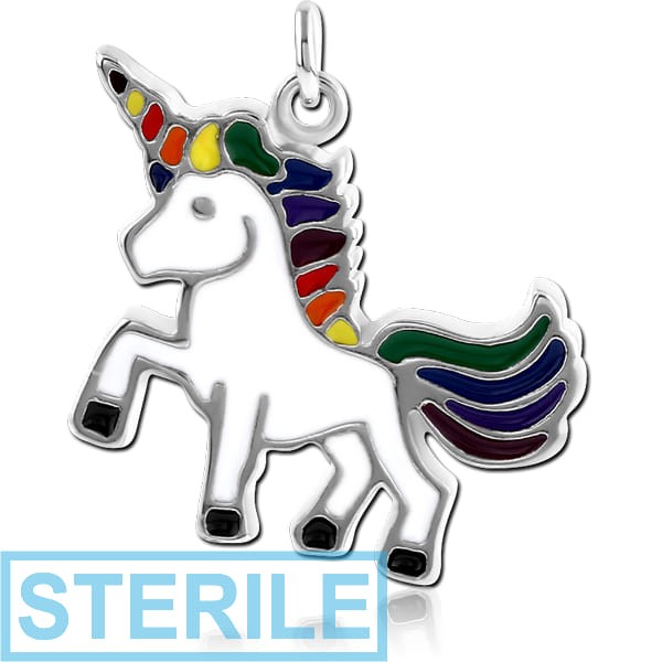 STERILE RHODIUM PLATED BRASS CHARM WITH ENAMEL - UNICORN