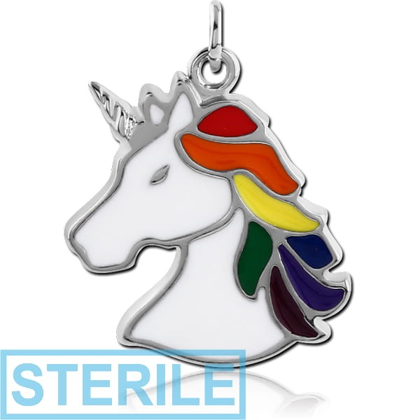 STERILE RHODIUM PLATED BRASS CHARM WITH ENAMEL - UNICORN