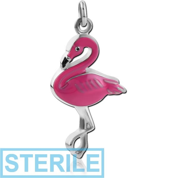 STERILE RHODIUM PLATED BRASS CHARM WITH ENAMEL - FLAMINGO