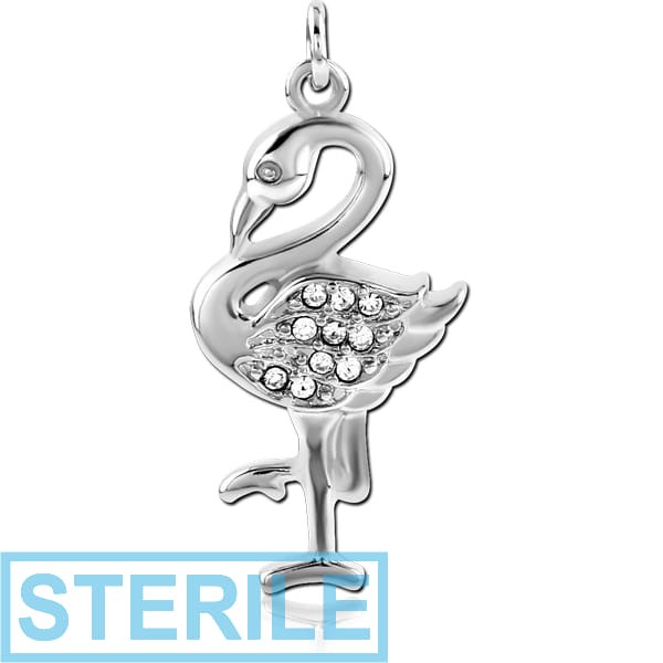 STERILE RHODIUM PLATED BRASS JEWELLED CHARM - FLAMINGO