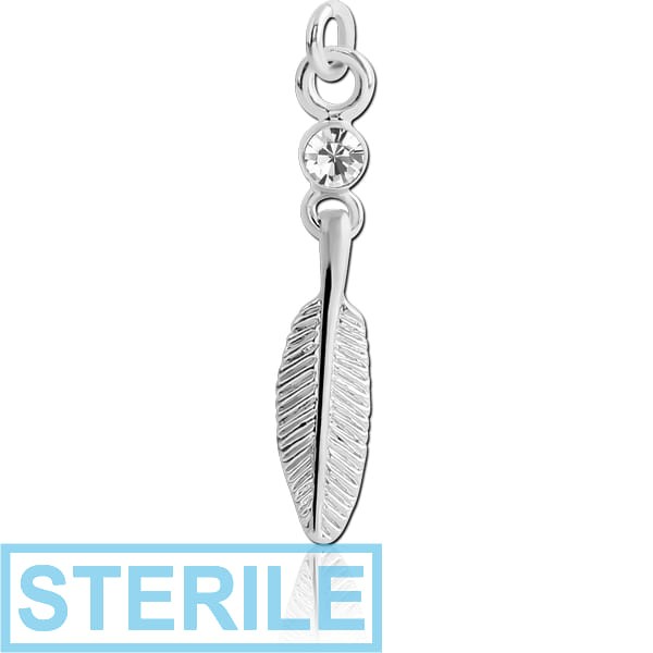 STERILE RHODIUM PLATED BRASS JEWELLED FEATHER CHARM
