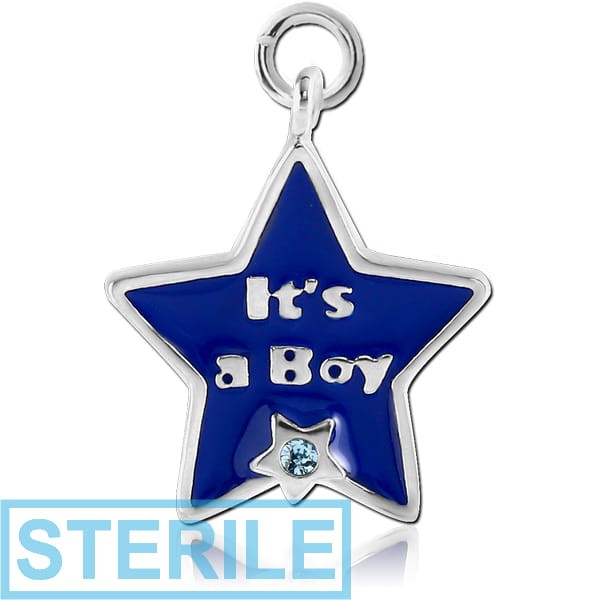 STERILE RHODIUM PLATED BRASS JEWELLED CHARM WITH ENAMEL - ITS A BOY