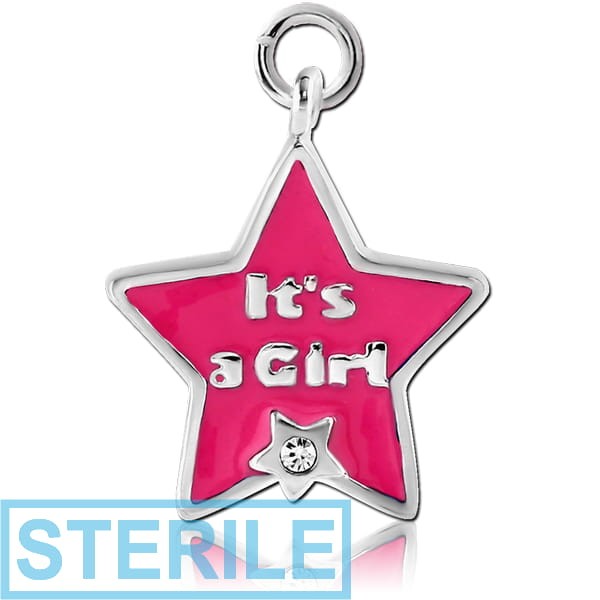 STERILE RHODIUM PLATED BRASS JEWELLED ENAMEL CHARM - ITS A GIRL