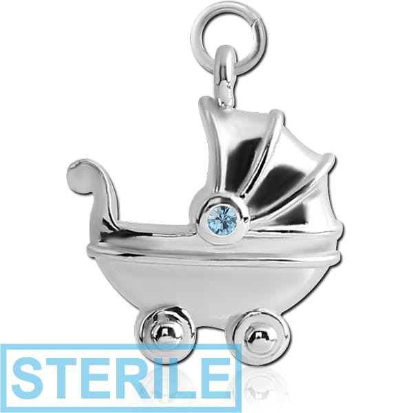 STERILE RHODIUM PLATED BRASS JEWELLED CHARM - BABY STOLLER