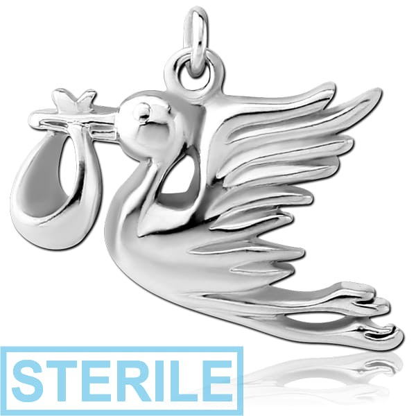 STERILE RHODIUM PLATED BRASS CHARM - BABY DELIVERED BY STORK
