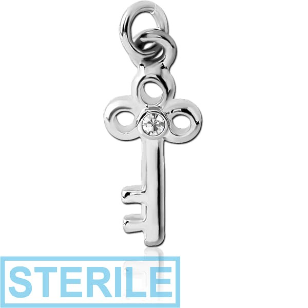 STERILE RHODIUM PLATED BRASS JEWELLED CHARM - KEY