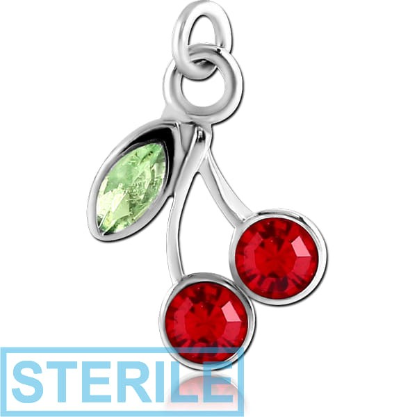 STERILE RHODIUM PLATED BRASS JEWELLED CHERRIES CHARM