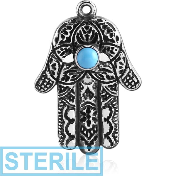 STERILE SURGICAL STEEL HAMSA CHARM WITH TURQUOISE STONE