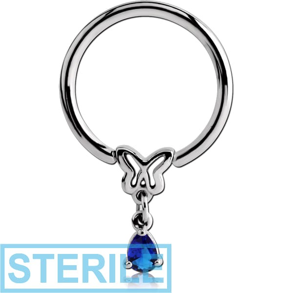 STERILE SURGICAL STEEL BALL CLOSURE RING WITH JEWELLED ATTACHMENT - BUTTERFLY WITH DANGLING DROP