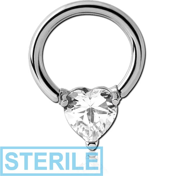 STERILE SURGICAL STEEL BALL CLOSURE RING WITH PRONG SET JEWELLED ATTACHMENT - HEART