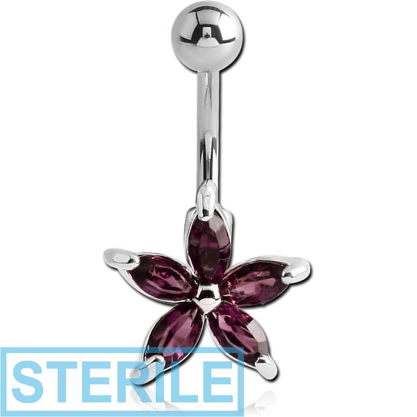 STERILE RHODIUM PLATED BRASS JEWELLED FLOWER NAVEL BANANA