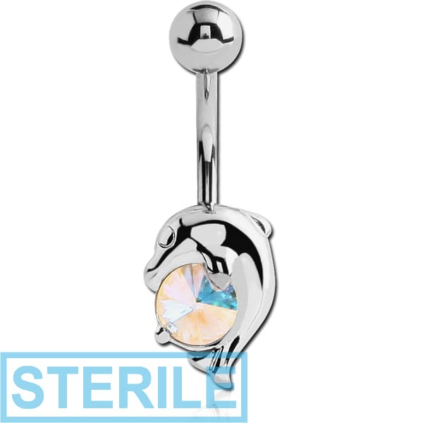 STERILE RHODIUM PLATED BRASS JEWELLED DOLPHIN NAVEL BANANA