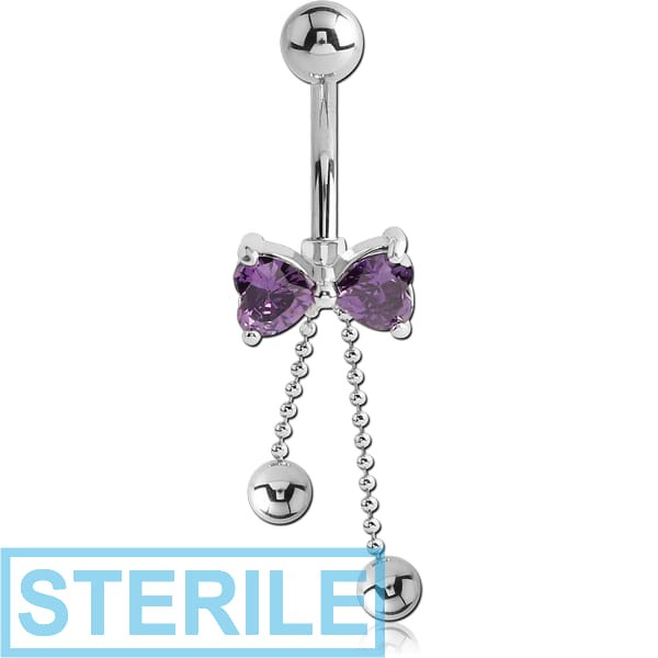 STERILE RHODIUM PLATED BRASS JEWELLED BOW NAVEL BANANA