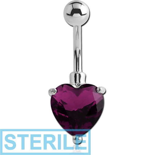 STERILE RHODIUM PLATED BRASS JEWELLED HEART NAVEL BANANA