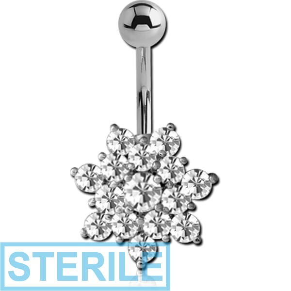 STERILE RHODIUM PLATED BRASS JEWELLED SNOWFLAKE NAVEL BANANA