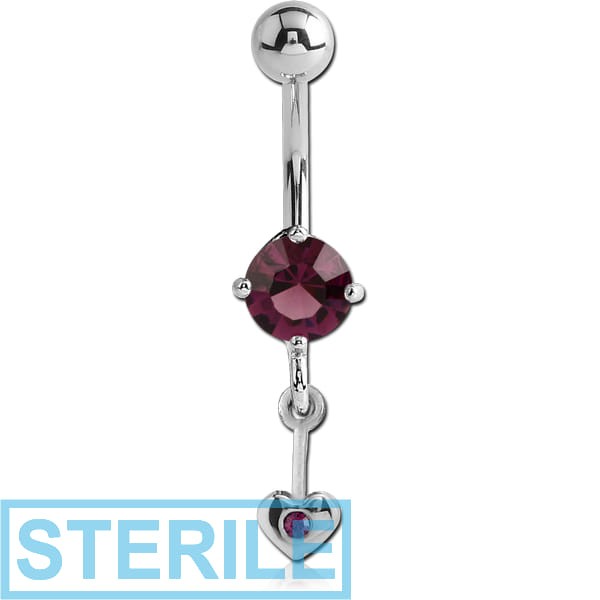 STERILE RHODIUM PLATED BRASS JEWELLED NAVEL BANANA WITH HEART CHARM