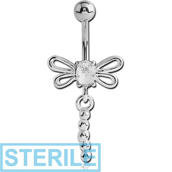 STERILE RHODIUM PLATED BRASS JEWELLED DRAGONFLY DANGLING NAVEL BANANA