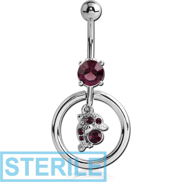 STERILE RHODIUM PLATED BRASS JEWELLED HOOP NAVEL BANANA