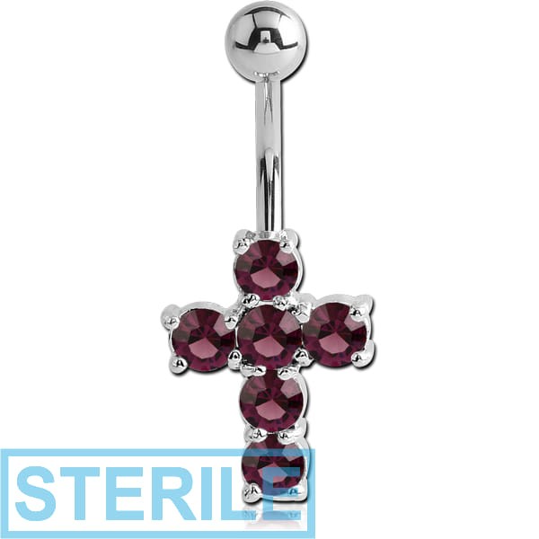 STERILE RHODIUM PLATED BRASS JEWELLED CROSS NAVEL BANANA