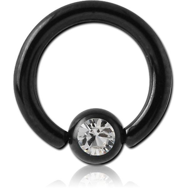 BLACK PVD COATED SURGICAL STEEL JEWELLED BALL CLOSURE RING WITH OPTIMA CRYSTAL
