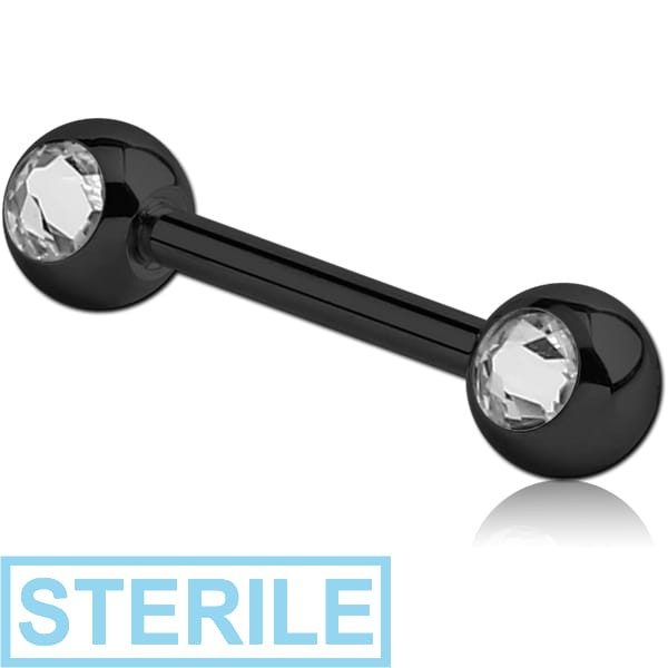 STERILE BLACK PVD COATED SURGICAL STEEL DOUBLE SIDE HIGH END CRYSTALS JEWELLED NIPPLE BARBELL