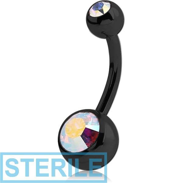 STERILE BLACK PVD COATED SURGICAL STEEL DOUBLE HIGH END CRYSTALS JEWELLED NAVEL BANANA