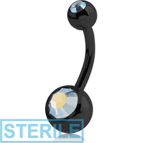 STERILE BLACK PVD COATED SURGICAL STEEL DOUBLE OPTIMA CRYSTALS NAVEL BANANA
