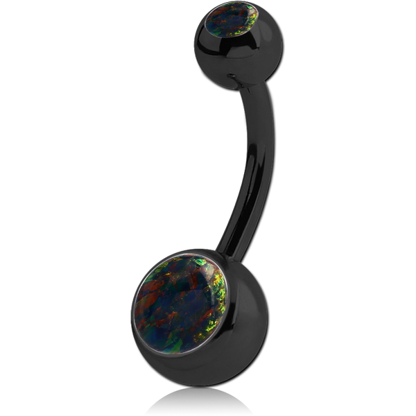 BLACK PVD COATED SURGICAL STEEL DOUBLE JEWELLED NAVEL BANANA WITH SYNTHETIC OPAL