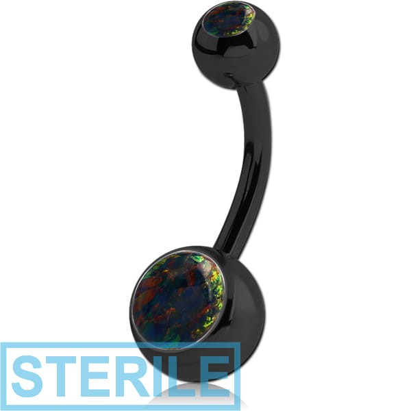 STERILE BLACK PVD COATED SURGICAL STEEL DOUBLE JEWELLED NAVEL BANANA WITH SYNTHETIC OPAL
