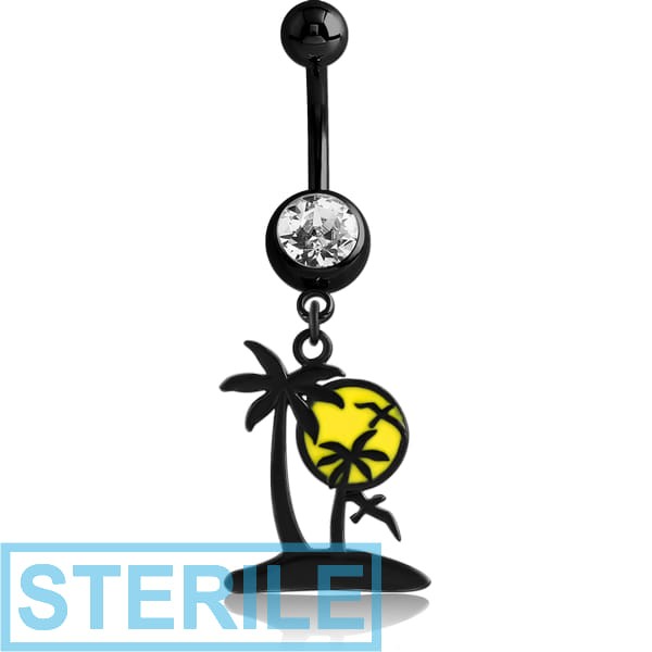 STERILE BLACK PVD COATED SURGICAL STEEL HIGH END CRYSTAL JEWELLED NAVEL BANANA WITH HOOP