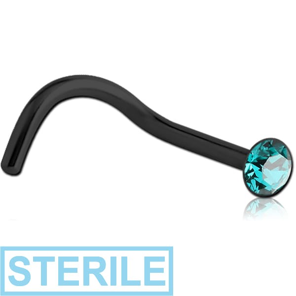 STERILE BLACK PVD COATED SURGICAL STEEL FLAT HIGH END CRYSTAL JEWELLED CURVED NOSE STUD