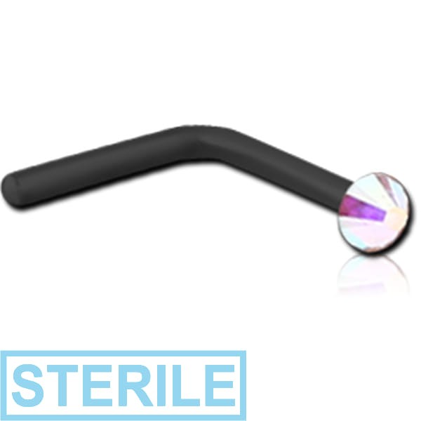 STERILE BLACK PVD COATED SURGICAL STEEL 90 DEGREE FLAT HIGH END CRYSTAL JEWELLED NOSE STUD