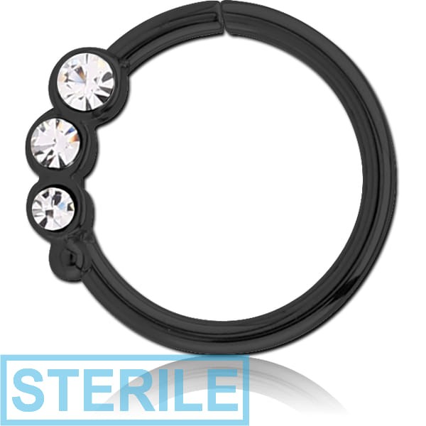 STERILE BLACK PVD COATED SURGICAL STEEL JEWELLED SEAMLESS RING - RIGHT - TRIPLE GEM