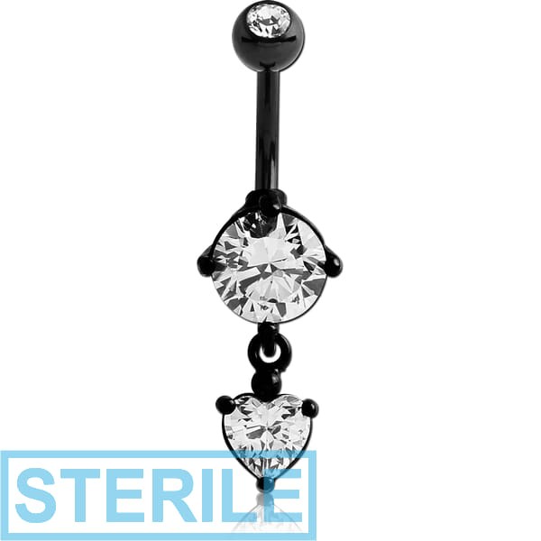 STERILE BLACK PVD COATED BRASS DOUBLE JEWELLED ROUND NAVEL BANANA WITH CHARM